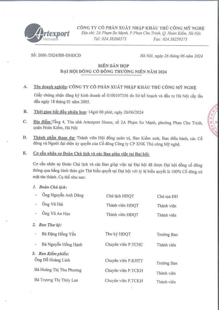 Biên bản họp Đại hội đồng cổ đông thường niên năm 2024