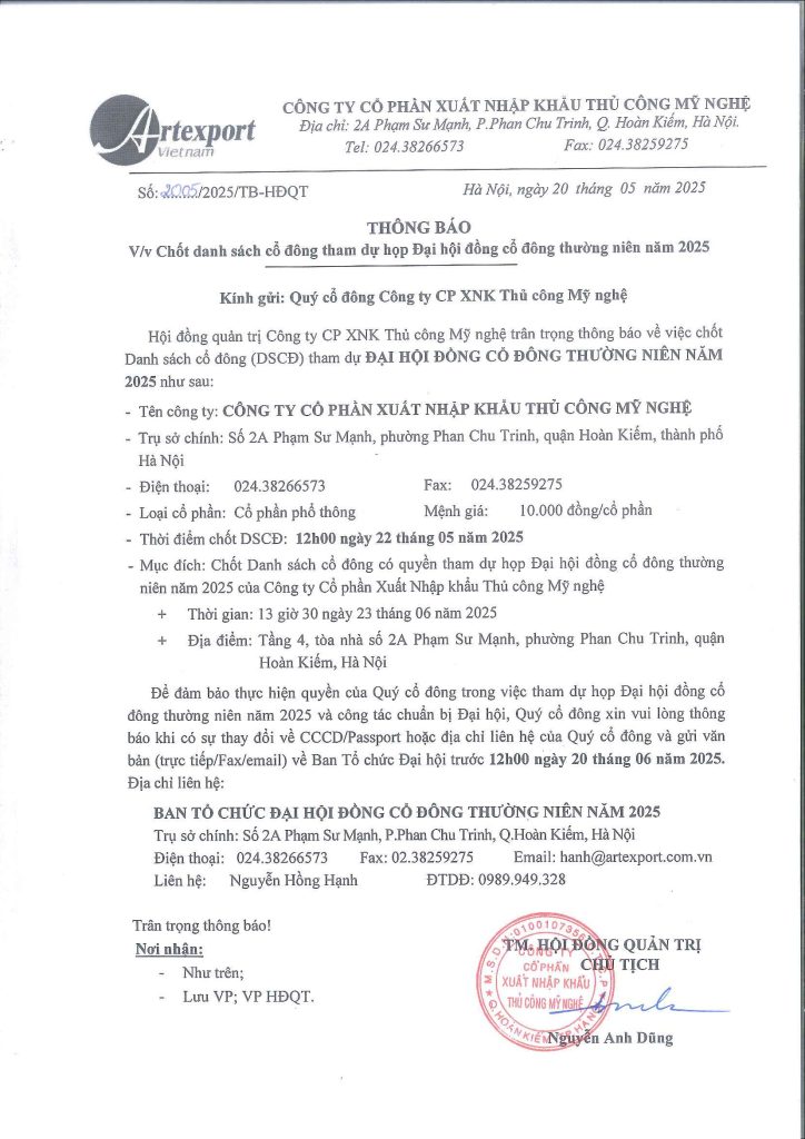 Thông báo : Chốt danh sách cổ đông tham dự họp Đại hội đồng cổ đông thường niên năm 2025
