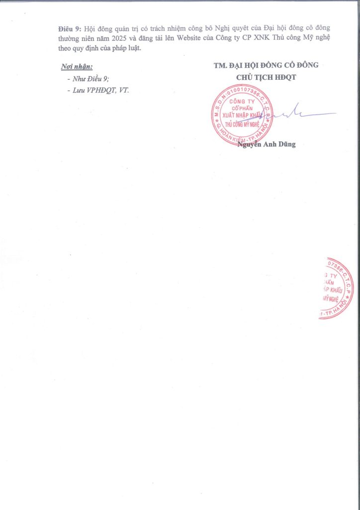 QUYẾT NGHỊ: ĐẠI HỘI CỔ ĐÔNG THƯỜNG NIÊN NĂM 2025 CÔNG TY CỔ PHẦN XNK THỦ CÔNG MỸ NGHỆ
