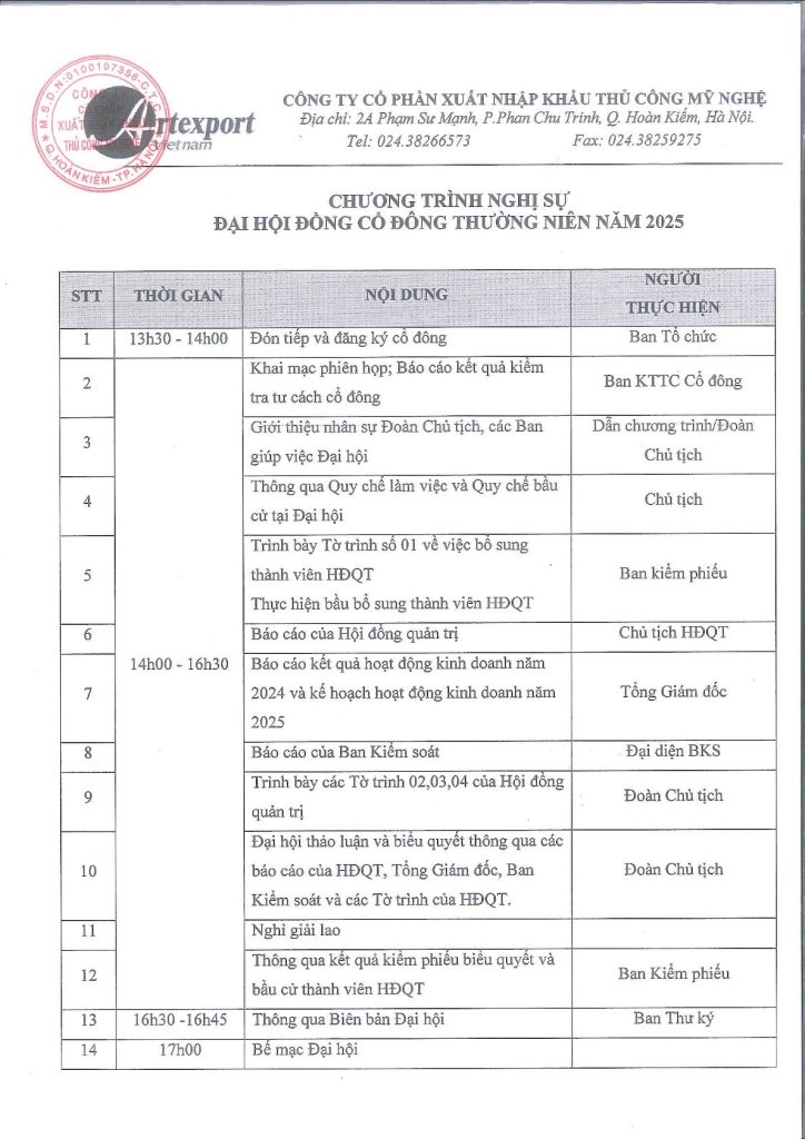 CHƯƠNG TRÌNH NGHỊ SỰ ĐẠI HỘI ĐỒNG CỔ ĐÔNG THƯỜNG NIÊN NĂM 2025