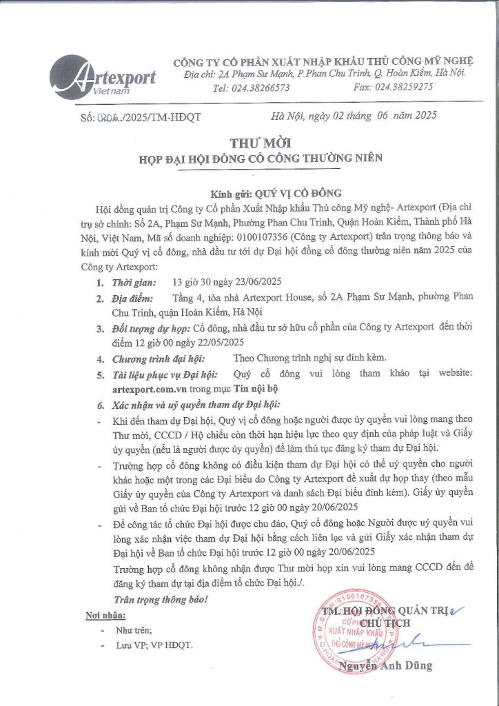 THƯ MỜI HỌP ĐẠI HỘI ĐỒNG CỔ ĐÔNG THƯỜNG NIÊN NĂM 2025