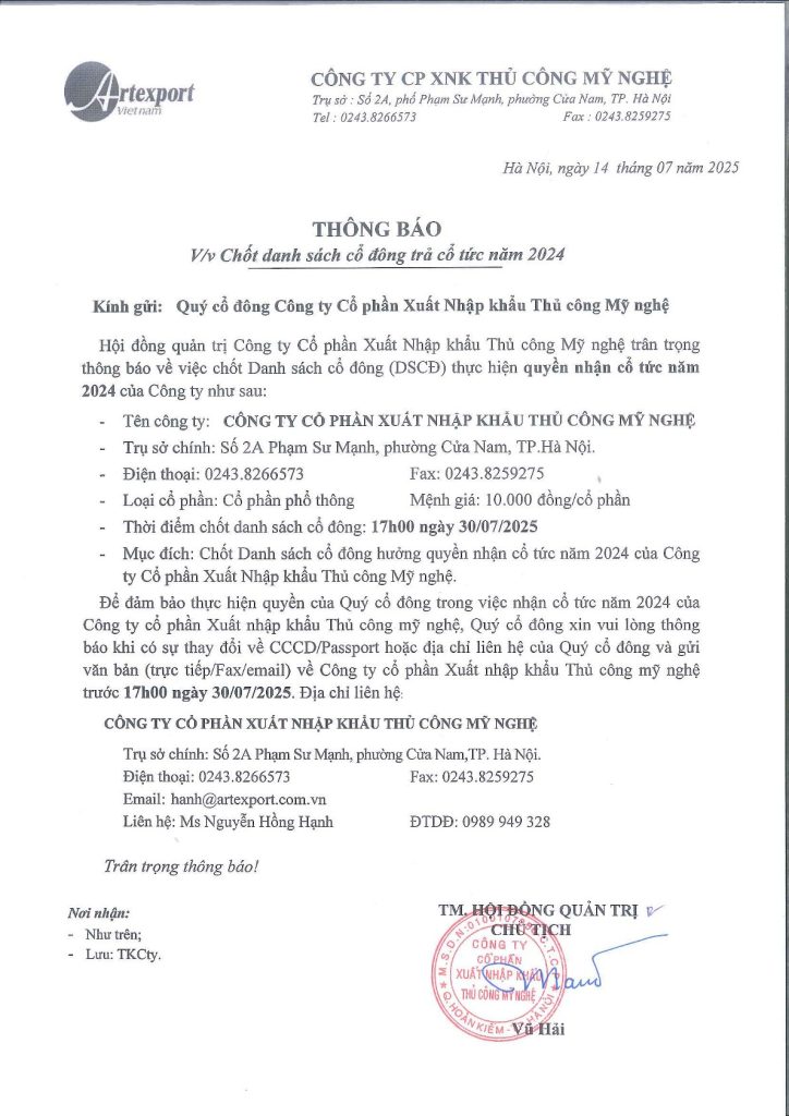 Thông báo V/v : Chốt danh sách cổ đông trả cổ tức năm 2024