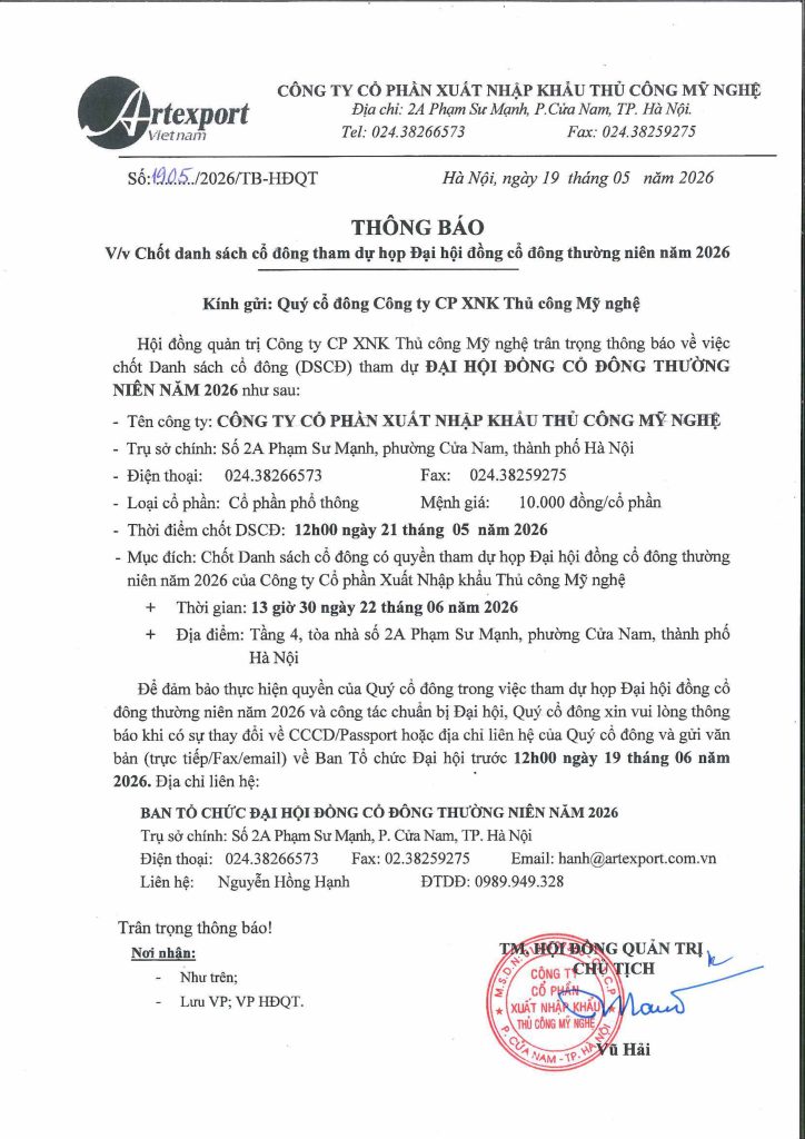Thông báo : V/v Chốt danh sách CĐ tham dự họp Đại hội cổ đông thường niên năm 2026