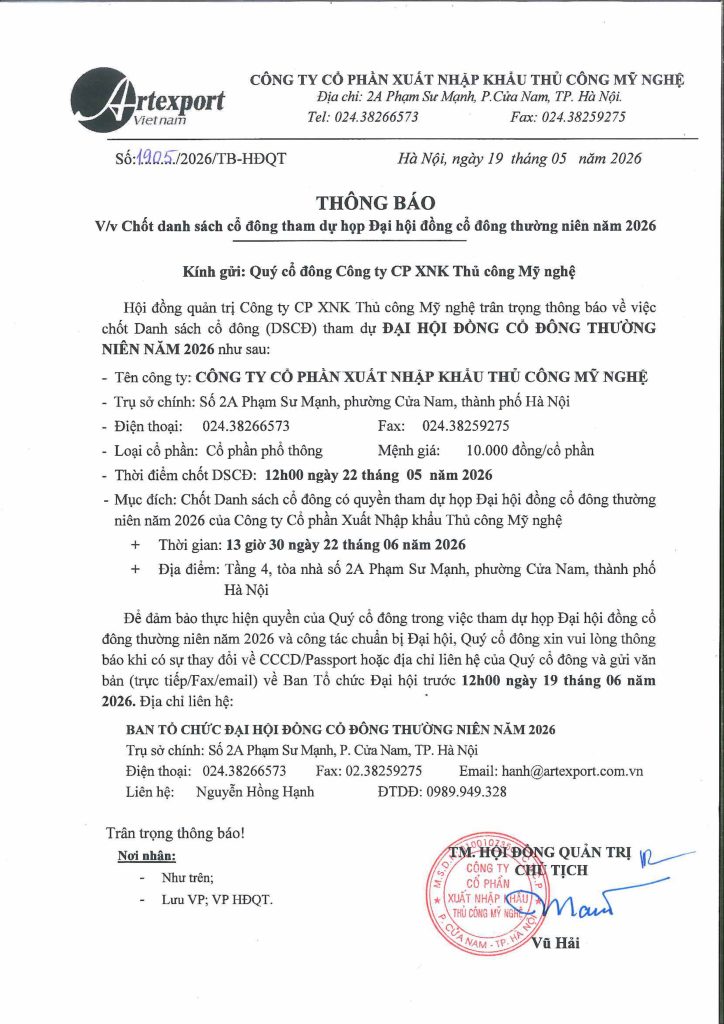 Thông báo V/v: Chốt danh sách cổ đông tham dự họp Đại hội cổ đông thường niên năm 2026