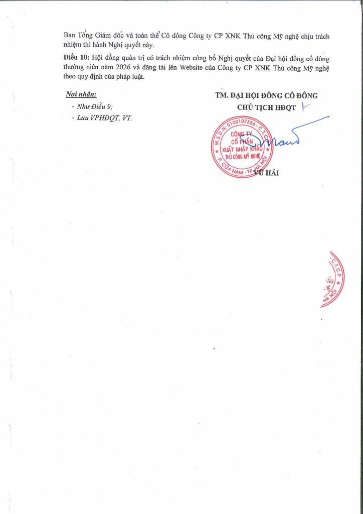 Quyết Nghị : Đại hội đồng cổ đông thường niên năm 2026 Công ty cổ phần XNK Thủ công mỹ nghệ