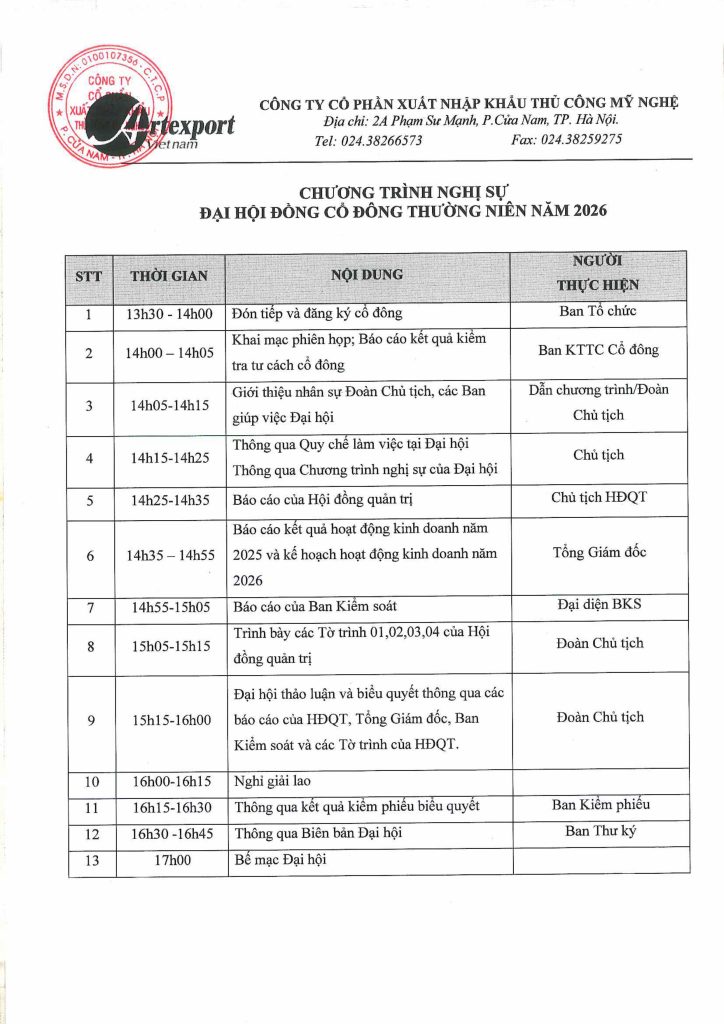 Thư mời họp Đại hội cổ đông thường niên 2026