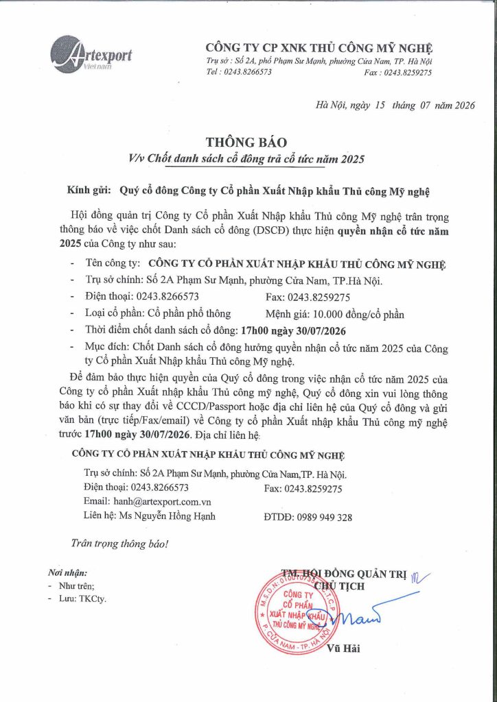 Thông báo : V/V Chốt danh sách cổ đông trả cổ tức năm 2025