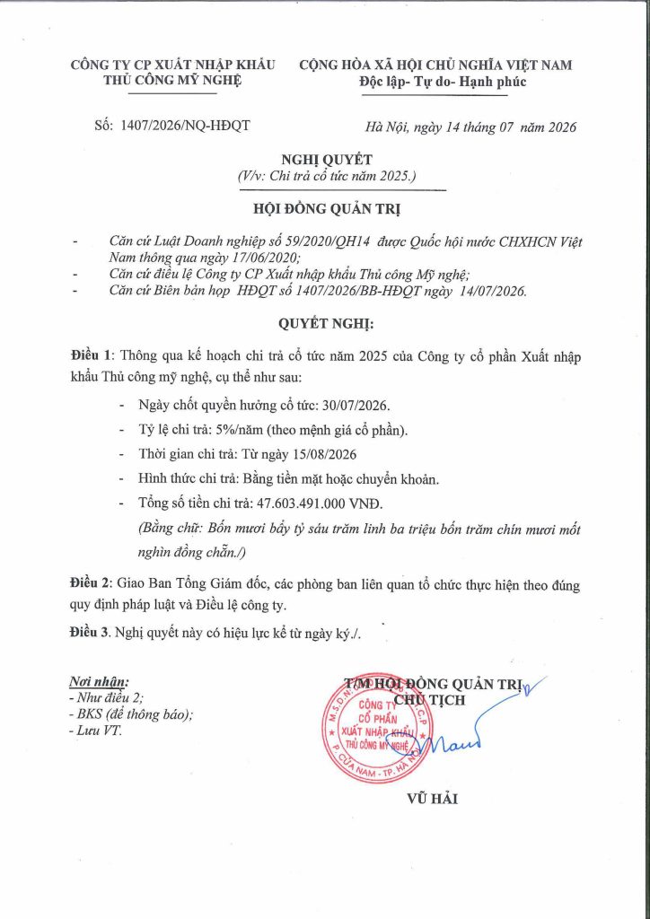 Nghị quyết : Chi trả cổ tức năm 2025